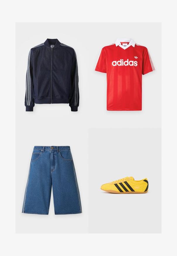Marineblaue Jeansjacke mit Reißverschluss vorne, gerippten Bündchen und drei weißen Streifen an jedem Arm. Mit kleinem Logo auf der Brust.; Rotes Adidas-Sporttrikot mit weißem Kragen, drei weißen Streifen an den Ärmeln und Adidas-Logo mittig auf der Brust.; Blaue Denim-Shorts knielang mit Vordertaschen, Knopfverschluss, Gürtelschlaufen und weißen Seitenstreifen an jedem Bein.; Gelber Sportschuh mit strukturiertem Obermaterial, verziert mit schwarzen Streifen und Logo. Abgerundete Spitze, weiche Sohle und Zickzackmuster auf dem Material.
