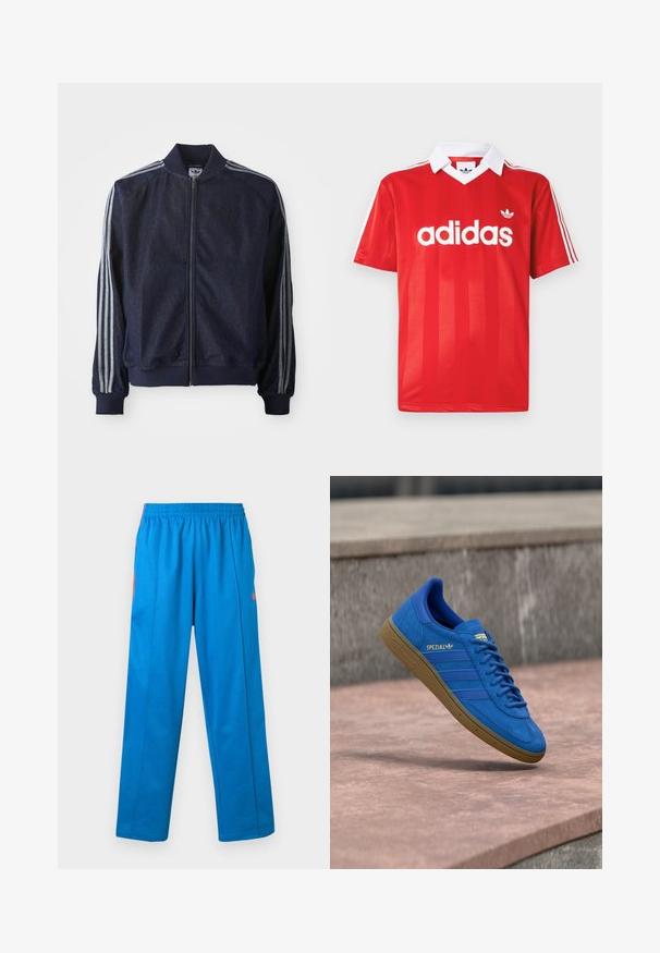 Marineblauwe denimjack met een ritssluiting aan de voorkant, geribbelde manchetten en drie witte strepen langs elke arm. Het heeft een klein logo op de borst.; Rood Adidas sportshirt met een witte kraag, drie witte strepen op de mouwen en het Adidas-logo in het midden van de borst.; Blauwe sportbroek met een elastische tailleband, voorzien van oranje strepen aan de zijkant en een gladde stoftextuur, een recht pijpontwerp en zonder zakken.; Blauwe Adidas Spezial sneaker met rubberen zool, veters geknoopt, hangend boven een glad stenen oppervlak nabij een grijze betonnen muur.