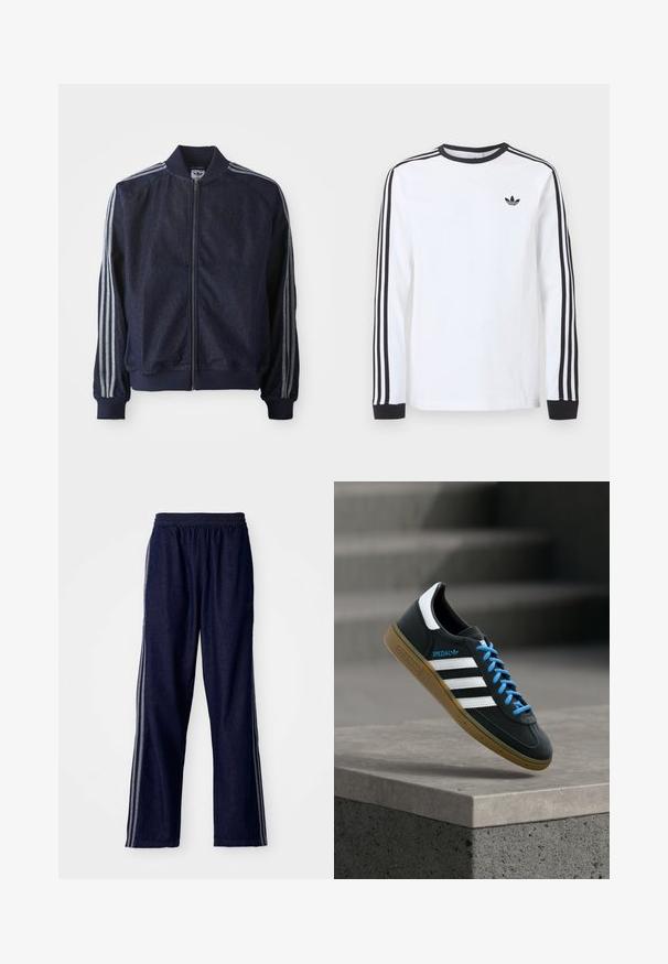 Marineblauwe denimjack met een ritssluiting aan de voorkant, geribbelde manchetten en drie witte strepen langs elke arm. Het heeft een klein logo op de borst.; Wit Adidas shirt met lange mouwen, zwarte ronde hals, zwarte boordjes, drie zwarte strepen langs de mouwen en een zwart trefoil-logo op de borst.; Marineblauwe sportbroek met een elastische tailleband, voorzien van drie witte zijstrepen en een recht-aansluitend ontwerp. Zachte denim structuur.; Zwarte Adidas-sneaker met witte strepen, blauwe veters en een gumzool die boven een grijze betonnen trede zweeft in zacht licht.