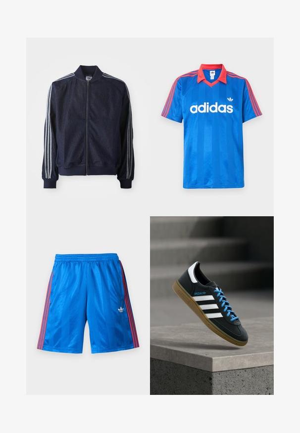 Marineblaue Jeansjacke mit Reißverschluss vorne, gerippten Bündchen und drei weißen Streifen an jedem Arm. Mit kleinem Logo auf der Brust.; Blaues Adidas Sportshirt mit kurzen Ärmeln, rotem Kragen und Streifen auf den Schultern, mit weißem Adidas-Logo und Kleeblatt-Emblem auf der Brust.; Blaue Sportshorts mit roten Streifen an den Seiten und weißem Adidas-Logo am linken Bein, ausgestattet mit einem elastischen Bund.; Schwarzer Adidas-Sneaker mit weißen Streifen, blauen Schnürsenkeln und Gummisohle, der über einer grauen Betontreppe im weichen Licht schwebt.