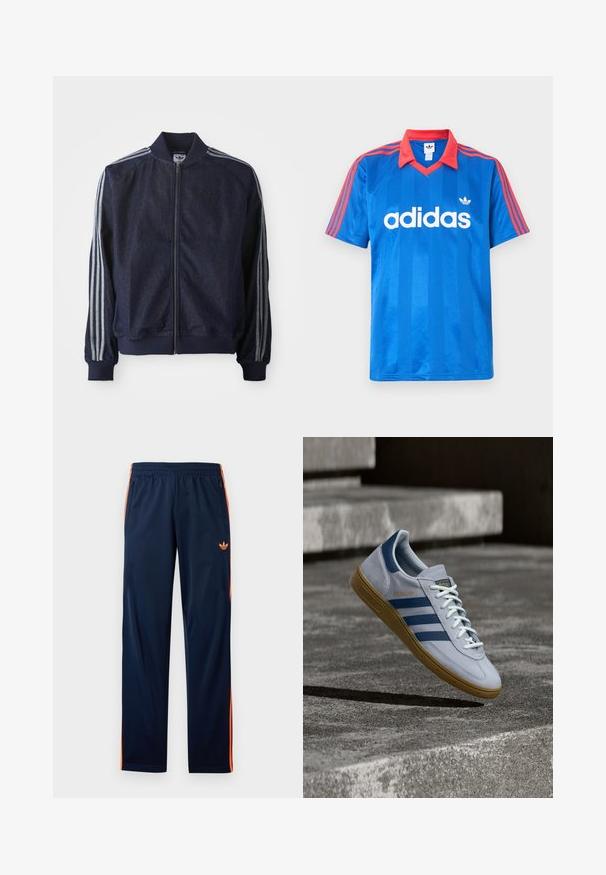Marineblaue Jeansjacke mit Reißverschluss vorne, gerippten Bündchen und drei weißen Streifen an jedem Arm. Mit kleinem Logo auf der Brust.; Blaues Adidas Sportshirt mit kurzen Ärmeln, rotem Kragen und Streifen auf den Schultern, mit weißem Adidas-Logo und Kleeblatt-Emblem auf der Brust.; Marineblaue Sporthose mit orangen Seitstreifen, elastischem Bund, Reißverschluss-Vordertaschen und einem kleinen orangen Adidas-Logo am Oberschenkel.; Hellblauer Adidas Spezial Sneaker mit dunkelblauen Streifen und Gummisohle, in der Luft über Betontreppen in neutralem Außenbereich gezeigt.