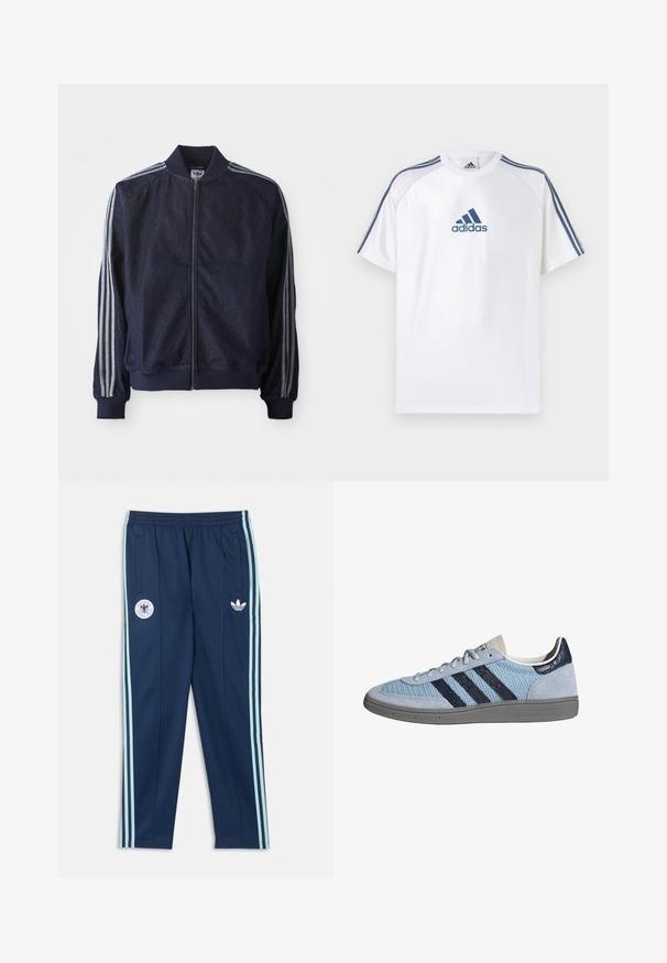 Marineblauwe denimjack met een ritssluiting aan de voorkant, geribbelde manchetten en drie witte strepen langs elke arm. Het heeft een klein logo op de borst.; Wit Adidas T-shirt met blauwe accenten, korte mouwen en een ronde hals. Voorzien van het Adidas-logo in blauw aan de voorkant en drie strepen op de schouders.; Marineblauwe trainingsbroek met lichtblauwe zijstrepen, elastische tailleband, twee voorzakken, Adidas trefoil-logo en Duitsland teamembleem.; Lichtblauwe Adidas sneaker met donkerblauwe strepen, suède neus en hiel, gestructureerde zool en vetersluiting, zijaanzicht op witte achtergrond.