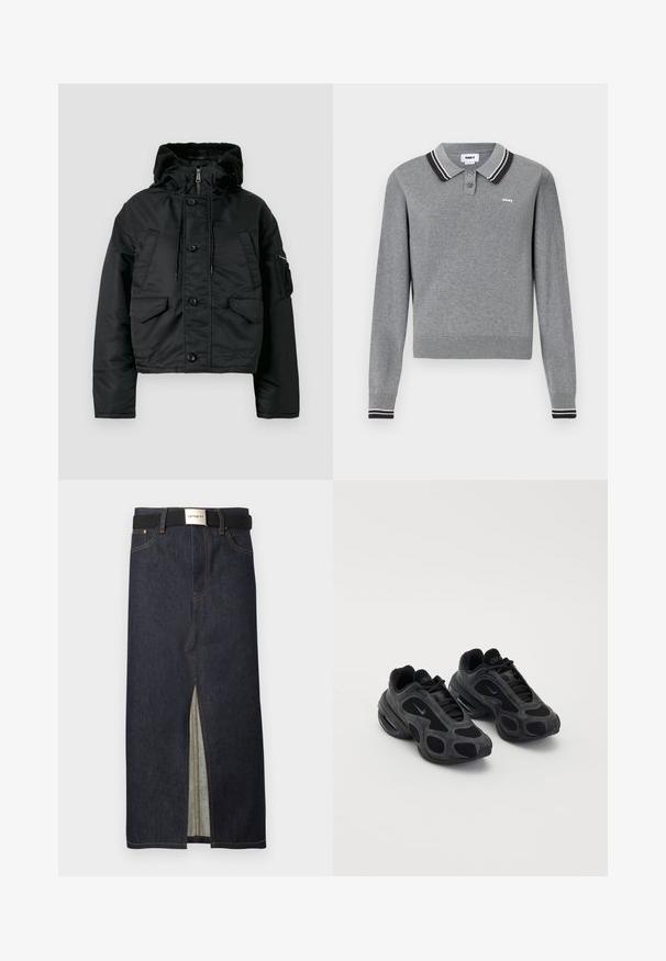 Veste matelassée noire courte avec fermeture éclair et bouton, deux poches avant, capuche avec cordon de serrage et doublure intérieure douce.; Polo gris à manches longues avec col et poignets rayés noir et blanc, deux boutons et petit logo "obey" sur la poitrine.; Jupe midi en denim bleu foncé avec une fente frontale. Dotée de coutures jaunes et d'une ceinture noire avec une boucle argentée. Design simple et droit.; Baskets Nike noires avec des panneaux en maille et en daim, des découpes uniques et des colliers rembourrés. Des accents brillants sur les côtés mettent en valeur un design moderne.