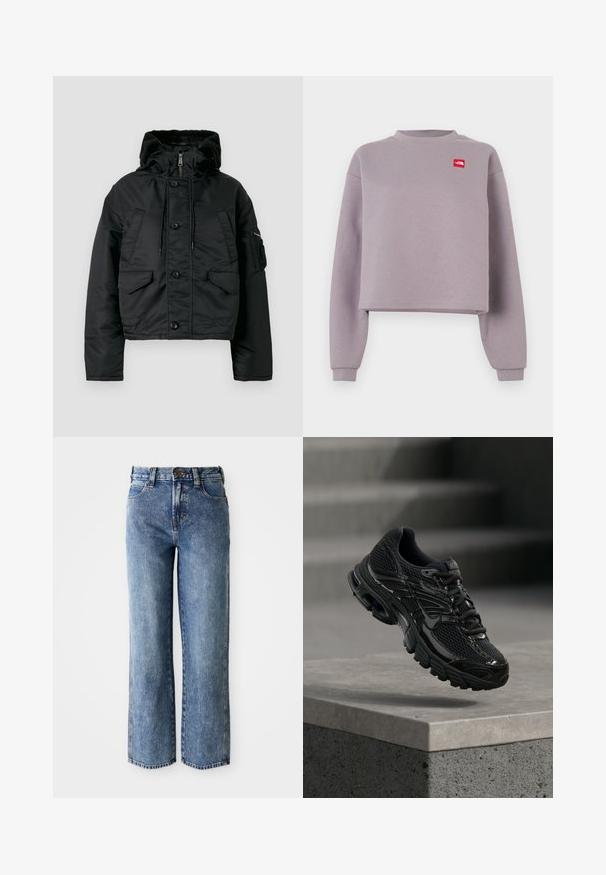 Veste matelassée noire courte avec fermeture éclair et bouton, deux poches avant, capuche avec cordon de serrage et doublure intérieure douce.; Sweat-shirt court violet à manches longues, col côtelé et petite écusson logo rouge sur la poitrine. Matière douce avec une texture lisse.; Jeans en denim bleu taille haute à jambe droite avec poches avant, passants de ceinture et fermeture à bouton.; Chaussure de course noire Nike avec tige en mesh et synthétique flottant au-dessus d'une surface en béton avec des marches en arrière-plan.