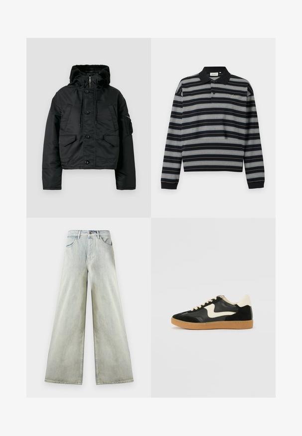 Veste matelassée noire courte avec fermeture éclair et bouton, deux poches avant, capuche avec cordon de serrage et doublure intérieure douce.; Polo noir à manches longues avec des rayures horizontales blanches et grises, patte à deux boutons et logo brodé sur la poitrine.; Jean en denim à taille haute, coupe large et lavage clair, doté de poches avant, passants pour ceinture et une fermeture par bouton brun à la taille.; Baskets en daim et cuir noir avec un swoosh latéral crème et un talon crème clair. Dotées de lacets beige et d'une semelle en caoutchouc gomme.
