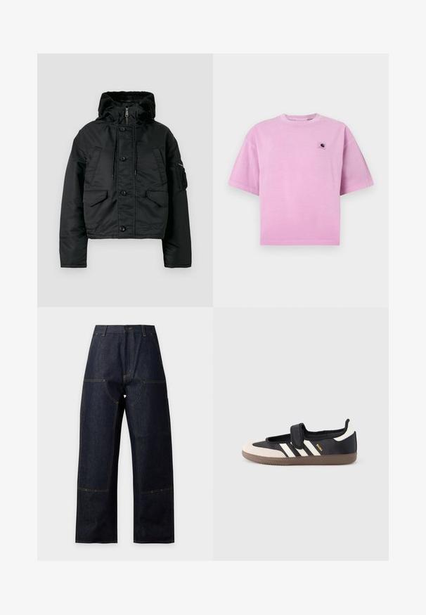 Veste matelassée noire courte avec fermeture éclair et bouton, deux poches avant, capuche avec cordon de serrage et doublure intérieure douce.; T-shirt en coton rose à manches courtes, col rond, avec une petite écusson logo sur la partie gauche de la poitrine. Texture lisse et coupe décontractée.; Jean denim bleu foncé à jambes larges, taille haute, coutures jaunes visibles, fermeture à boutons sur le devant et grandes poches plaquées à l'avant.; Baskets noires et beiges avec une bride en velcro, trois bandes blanches sur le côté, et une semelle en caoutchouc marron texturée. Logo de la marque visible.
