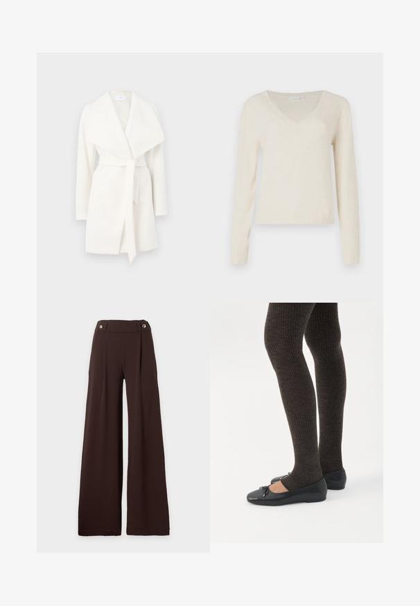 Witte lange mouwen wikkeljas met brede kraag en strikceintuur; gemaakt van zachte stof met een gladde textuur en schone lijnen.; Crème-kleurige V-hals lange mouwen sweater met geribbelde manchetten en zoom, weergegeven tegen een effen witte achtergrond.; Donkerbruine broek met wijde pijpen, hoge taille en gouden knoopdetails op de tailleband tegen een witte achtergrond.; Benen met donkere geribbelde leggings gecombineerd met zwarte ballerina's met kleine strikdetails op een witte achtergrond.