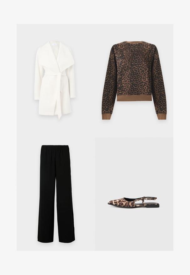 Witte lange mouwen wikkeljas met brede kraag en strikceintuur; gemaakt van zachte stof met een gladde textuur en schone lijnen.; Bruine en zwarte luipaardprint lange mouwen sweater met geribbelde manchetten, halslijn en zoom op een witte achtergrond.; Zwarte broek met brede pijpen van zachte stof, voorzien van een elastische tailleband en een gladde textuur, ontworpen voor comfort en bewegingsvrijheid.; Leopardprint platte slingback-schoen met spitse neus, open zijkanten en kleine zwarte hak. Materiaal lijkt glad met een lichte glans.
