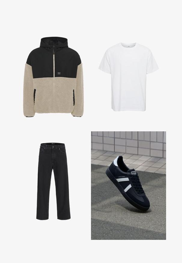 Veste à capuche avec une partie supérieure noire et une partie inférieure en polaire crème, dotée d'une fermeture éclair et de poches latérales ; texture douce.; T-shirt en coton blanc à manches courtes, col rond et coupe décontractée. Texture lisse, sans motifs ni accents. Design simple.; Jean en denim noir à jambe droite avec fermeture à bouton et à zip, passants de ceinture, et poches avant et arrière.; Sneaker en cuir noir avec des rayures blanches, semelle en caoutchouc texturée et devant à lacets. Présente une étiquette de marque sur la languette.
