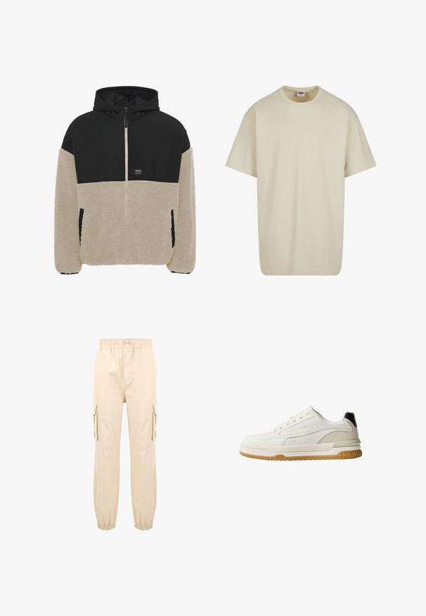 Veste à capuche avec une partie supérieure noire et une partie inférieure en polaire crème, dotée d'une fermeture éclair et de poches latérales ; texture douce.; T-shirt en coton beige clair à manches courtes, col rond et coupe décontractée. Le tissu semble lisse, sans motifs ni accents visibles.; Pantalons cargo beiges avec une taille élastique, des poches latérales et des poignets élastiques. Tissu en coton lisse avec une coupe décontractée et un design pratique.; Baskets blanches avec une tige en cuir lisse, une semelle en caoutchouc et un accent noir contrastant au talon. Présente des coutures ton sur ton et des perforations.