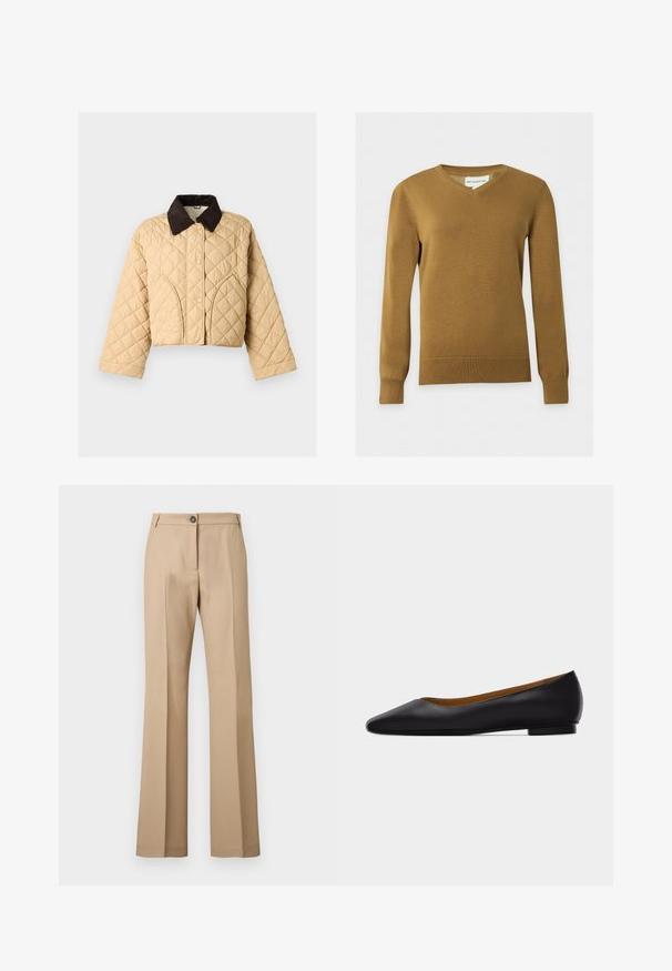 Veste matelassée beige avec col en velours côtelé marron foncé, fermeture à boutons-pression sur le devant et détails de coutures courbes sur les poches avant.; Pull en maille marron à col en V pour homme, manches longues, avec poignets et ourlet côtelés sur fond clair uni.; Pantalon beige à jambe droite avec pli avant, fermeture par bouton et passants pour ceinture, présenté sur un fond uni.; Chaussure plate en cuir noir à bout pointu avec talon bas et finition lisse, vue de côté sur un fond gris clair.