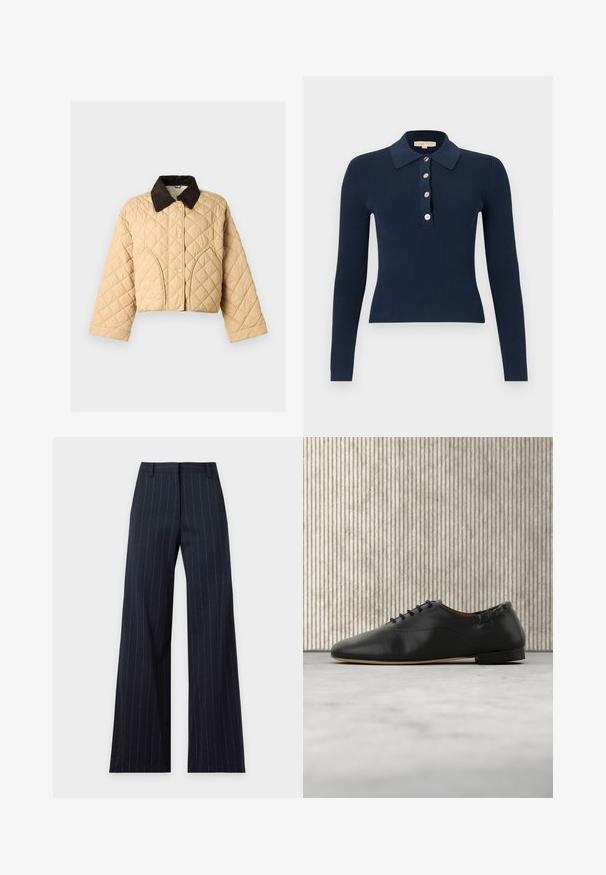 Veste matelassée beige avec col en velours côtelé marron foncé, fermeture à boutons-pression sur le devant et détails de coutures courbes sur les poches avant.; Polo bleu marine à manches longues côtelées avec quatre boutons sur le devant et un col classique, coupe slim.; Pantalon large bleu marine avec fines rayures blanches verticales, passants de ceinture et fermeture éclair à l’avant.; Chaussure plate en cuir noir à lacets, bout arrondi et petit talon, vue de profil droit sur un fond clair.