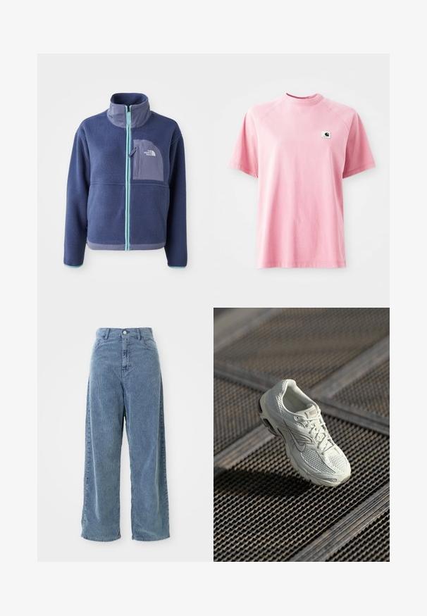 Fleece jacket in donker marineblauw met een hoge kraag, voorrits en lichtblauwe accenten. Bevat een borstzak met logodetail.; Roze katoenen t-shirt met een ronde hals en korte mouwen. Bevat een klein vierkant logo-patch op de linkerborst. Glad textuur.; Brede blauwe corduroy broek met verticale ribstructuur, voorzien van een voorste knoopsluiting en riemlussen, en een relaxte pasvorm.; Witte Nike hardloopschoen met bovenwerk van mesh en synthetisch materiaal, rustend op een metalen roostervloer in zacht natuurlijk licht.