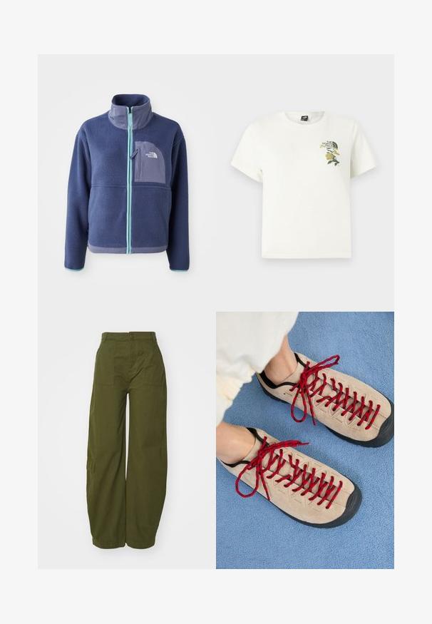 Fleece-Jacke in Dunkelblau mit hohem Kragen, Frontreißverschluss und hellblauen Akzenten. Verfügt über eine Brusttasche mit Logodetail.; Weißes Baumwoll-T-Shirt mit kurzen Ärmeln. Verfügt über grüne und gelbe Blumenstickerei auf der linken Brust, inklusive Logo. Normale Passform.; Olivgrüne Cargohosen aus Baumwolle mit weitem Bein, Fronttaschen und einem Knopfverschluss am Bund.; Beige Schuhe mit roten Schnürsenkeln, die auf einer blauen strukturierten Fläche positioniert sind und teilweise ein Fußgelenk einer Person zeigen. Die Schuhe haben ein sportliches Design.
