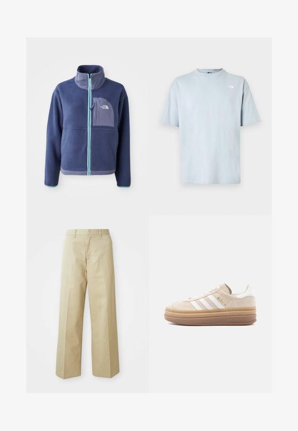 Fleece jacket in donker marineblauw met een hoge kraag, voorrits en lichtblauwe accenten. Bevat een borstzak met logodetail.; Lichtblauw T-shirt met korte mouwen, gemaakt van katoen. Ronde hals, losse pasvorm, met een klein wit logo op de linkerborst. Soepele textuur.; Beige wijde broek gemaakt van katoen met een gladde textuur. Heeft een rechte snit, riemlussen en voorkleurige zakken.; Beige suède sneaker met witte leren accenten, voorzien van drie witte strepen, een gouden logo en een dikke, doorschijnende rubberen zool.