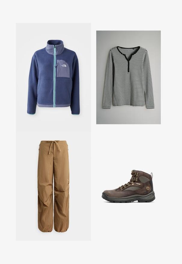 Fleece jacket in donker marineblauw met een hoge kraag, voorrits en lichtblauwe accenten. Bevat een borstzak met logodetail.; Gestreepte longsleeve top in zwart en wit, met een V-hals en knoopdetails, ribbelstructuur en rechte zoom.; Bruine loszittende broek met elastische tailleband met trekkoord, ritszakken aan de zijkant en elastische, geplooide boorden bij de enkels.; Bruine wandelschoen met bovenwerk van leer en mesh, rubberen zool, metalen oogjes en een merkpatch. Ontworpen voor duurzaamheid en ondersteuning.