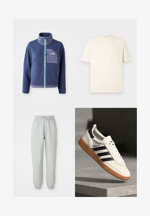 Fleece-Jacke in Dunkelblau mit hohem Kragen, Frontreißverschluss und hellblauen Akzenten. Verfügt über eine Brusttasche mit Logodetail.; Cremeweißes Baumwoll-T-Shirt mit kurzen Ärmeln, Rundhalsausschnitt und kleinem Logo auf der Vorderseite. Einfaches Design, weiche Textur und lockere Passform.; Graue Sweatpants mit einem elastischen Bund und Kordelzug. Der Stoff ist weich, mit elastischen Bündchen an den Knöcheln und einem Logo-Detail.; Weiße Wildleder-Sneaker mit marineblauen Streifen, Gummisohle, strukturiertem Obermaterial, runder Zehenform und Schnürung; mit Branding an der Seite und auf der Zunge.