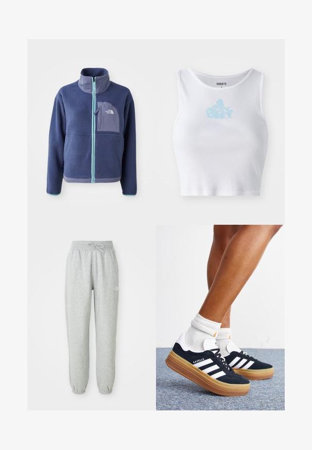 Fleecejakke i mørk marineblå med høj krave, frontlynlås og lyseblå detaljer. Har en brystlomme med logo.; Hvid ribbet crop top med rund halsudskæring og et lyseblåt "OBEY" logo centreret på brystet. Glat tekstur og tætsiddende design.; Grå sweatpants med elastisk talje og snøre. Stoffet er blødt, og de har elastiske manchetter ved anklerne samt et logoaccent.; Ben iført hvide sokker og sorte Adidas Gazelle sneakers med hvide striber og tykke brune såler på et gråt tæppe.