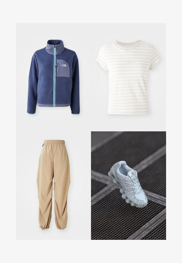 Fleece jacket in donker marineblauw met een hoge kraag, voorrits en lichtblauwe accenten. Bevat een borstzak met logodetail.; Witte gestreepte t-shirt met korte mouwen, gemaakt van zachte katoen. Heeft een ronde hals en een klein geborduurd Nike-logo op de borst.; Beige lichte broek met een elastische tailleband, taps toelopende boorden en een soepele textuur, met een relaxte pasvorm en zonder zichtbare patronen of versieringen.; Lichtblauw sportschoen met een gestructureerde bovenkant, voorzien van een ronde zool met cilindrische elementen en een opvallend logo op de tong.