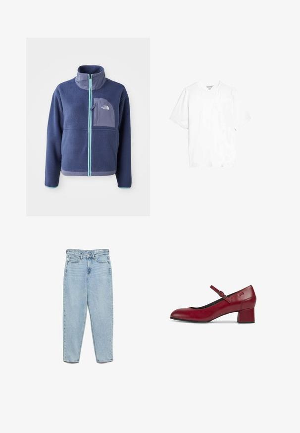 Fleece jacket in donker marineblauw met een hoge kraag, voorrits en lichtblauwe accenten. Bevat een borstzak met logodetail.; Witte katoenen t-shirt met korte mouwen, ronde halslijn en een relaxte pasvorm. Gladde textuur, geen patronen of extra hardware details.; Lichtblauwe, hoogwater spijkerbroek met hoge taille, voorzakken, riemlussen, knoopsluiting en taps toelopende pijpen op een witte achtergrond.; Rode leren Mary Jane-schoenen met een afgeronde neus, een veilige enkelband en een blokhak, met een gladde textuur en minimale designdetails.