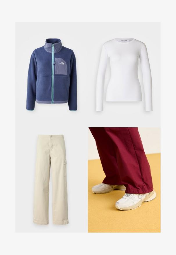 Fleece-takki tummansinisenä, jossa on korkea kaulus, etuvetoketju ja vaaleansiniset yksityiskohdat. Sisältää rintataskun, jossa on logoyksityiskohta.; Valkoinen pitkähihaisen paita ribbatusta kankaasta, jossa on pyöreä pääntie ja kapeamuotoinen malli. Ei kuvioita tai yksityiskohtia.; Beige cargo-housut, jotka on valmistettu pehmeästä puuvillasta, suoran leikkauksen omaavia, edessä nappikiinnitys ja sivutasku läpällä.; Vaaleanharmaat lenkkarit, joissa on teksturoidut pinnat ja pehmeät pohjat, yhdistettyinä löysiin burgundinvärisiin housuihin, keltaista taustaa vasten.