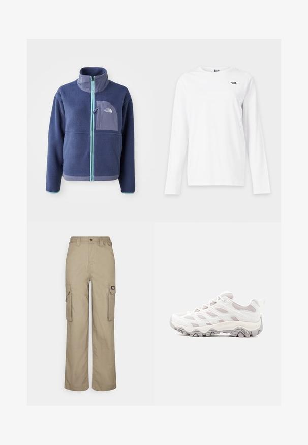 Fleece jacket in donker marineblauw met een hoge kraag, voorrits en lichtblauwe accenten. Bevat een borstzak met logodetail.; Wit shirt met lange mouwen en ronde hals met klein zwart The North Face-logo op de linkerborst.; Beige cargobroek gemaakt van duurzame stof, met een relaxte pasvorm, meerdere zijzakken en een elastische tailleband met knoopsluiting.; Lichtgrijze wandelschoen met een gestructureerd bovenwerk, meshpanelen en een rubberen zool. Voorzien van een opvallend vetersysteem en Merrell-logo aan de zijkant.