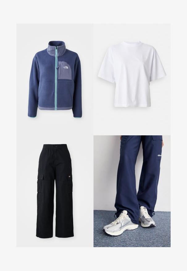 Fleece jacket in donker marineblauw met een hoge kraag, voorrits en lichtblauwe accenten. Bevat een borstzak met logodetail.; Witte katoenen t-shirt met een relaxed fit, korte mouwen en een geribde ronde hals. Heeft subtiele branding op de borst.; Zwarte cargobroek met een elastische tailleband en een knop. Heeft twee grote zijzakken en een logo patch op het linkerpijp. Wijde pijpdesign.; Nike hardloopschoenen met een zilveren mesh bovenkant, witte accenten en structuurzolen, gecombineerd met luchtige navy broeken.