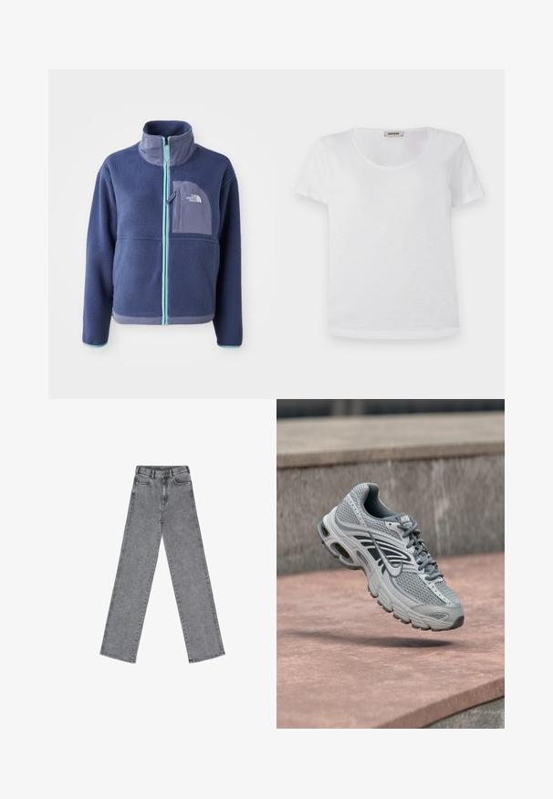 Fleece jacket in donker marineblauw met een hoge kraag, voorrits en lichtblauwe accenten. Bevat een borstzak met logodetail.; Witte t-shirt met korte mouwen, gemaakt van zachte stof, met een ronde halslijn en een rechte zoom zonder zichtbare patronen of accenten.; Grijze denim jeans met een hoge taille, wijde pijpen en een vijf-pocket ontwerp. De stof heeft een gladde textuur en minimale stiksels.; Lichtgrijze en witte Nike hardloopschoen met mesh-ontwerp, zwevend boven een stenen oppervlak buiten.