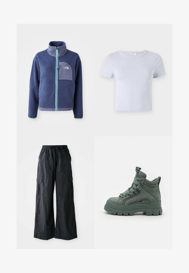Fleece jacket in donker marineblauw met een hoge kraag, voorrits en lichtblauwe accenten. Bevat een borstzak met logodetail.; Lichtblauw T-shirt met korte mouwen en ronde hals, gemaakt van zachte stof; heeft een slim fit ontwerp en subtiele stikdetails.; Zwarte cargobroek van lichtgewicht stof, met een wijd ontwerp, elastische tailleband en meerdere zijzakken. Eenvoudig en functioneel.; Groene hoge sneakers van gestructureerd materiaal, met een dikke platformzool, ronde veters en een lus aan de achterkant voor gemakkelijk aantrekken.