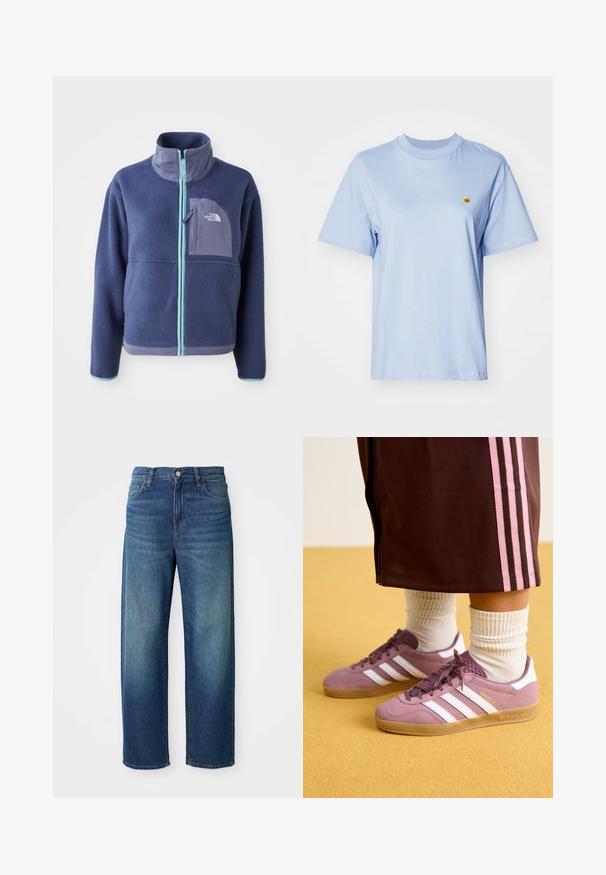 Fleece-Jacke in Dunkelblau mit hohem Kragen, Frontreißverschluss und hellblauen Akzenten. Verfügt über eine Brusttasche mit Logodetail.; Hellblaues Baumwoll-T-Shirt mit kurzen Ärmeln, rundem Halsausschnitt und kleinem gelben gestickten Logo auf der Brust. Weicher Stoff, lockere Passform.; Blaue Jeans aus Denim, weit geschnitten, mittelhoher Bund, dezente Ausbleichungen, im fünf-Taschen-Stil, mit Knopf- und Reißverschluss, gerader Saum.; Lila Wildlederschuhe mit weißen Streifen, Gummisohle und strukturierten Akzenten, kombiniert mit gerippten weißen Socken und einer braunen Trainingshose mit rosa Streifen.