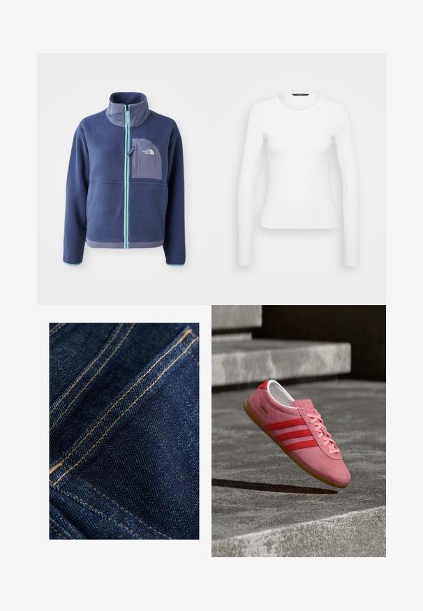 Fleece jacket in donker marineblauw met een hoge kraag, voorrits en lichtblauwe accenten. Bevat een borstzak met logodetail.; Witte lange mouwen ribbelshirt met een ronde halslijn en een getailleerde pasvorm. Soepele textuur met een eenvoudig ontwerp, zonder patronen of accenten.; Donkerblauwe denimstof met een soepele textuur, met contrasterende gouden stiksels langs de naden en zakken, met een klassiek ontwerp.; Roze suède sneaker met rode strepen, een rubberen zool en roze veters. Heeft het "Adidas Gazelle"-logo aan de zijkant.