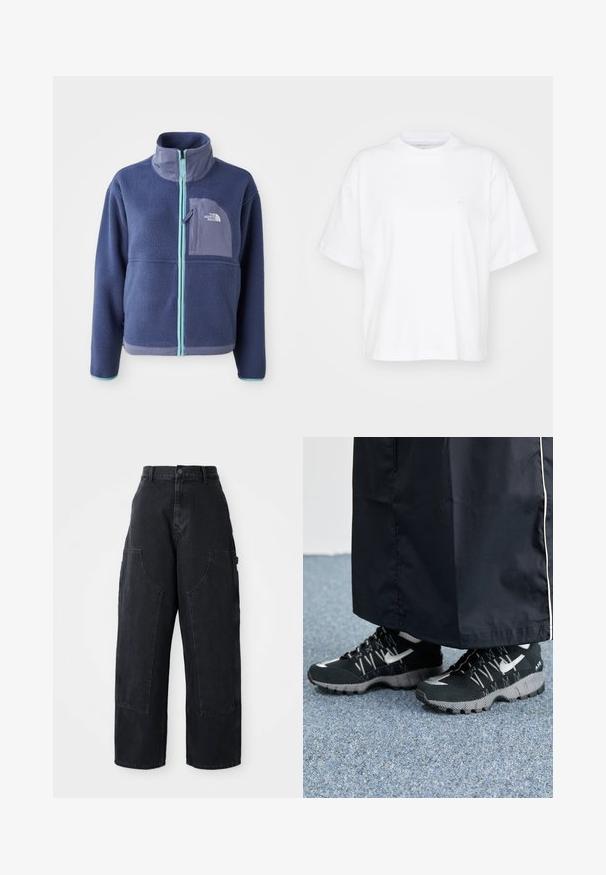 Fleece jacket in donker marineblauw met een hoge kraag, voorrits en lichtblauwe accenten. Bevat een borstzak met logodetail.; Witte katoenen t-shirt met een ronde hals, korte mouwen en een ontspannen pasvorm. Heeft een subtiel logo op het linkerborstgedeelte. Zachte textuur.; Zwarte denim cargo broek met wijde been, hoge taille, twee grote voorkanten zakken en een knoopsluiting bij de taille. Soepele textuur, casual ontwerp.; Zwarte atletische schoenen met een gestructureerde bovenkant, zilveren accenten en een gestippelde loopzool, gecombineerd met een zwart lang kledingstuk. Geplaatst op een blauwe vloerbedekking.