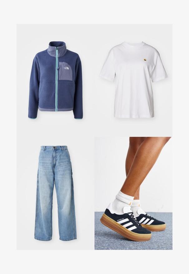 Fleece jacket in donker marineblauw met een hoge kraag, voorrits en lichtblauwe accenten. Bevat een borstzak met logodetail.; Witte katoenen t-shirt met een relaxte pasvorm, korte mouwen en een klein geborduurd logo op de linkerborst.; Lichtblauwe wijde jeans met een hoge taille, voorzien van zijzakken en een vervaagde textuur, vervaardigd uit denim materiaal.; Ben met witte sokken en zwarte Adidas Gazelle sneakers met witte strepen en dikke bruine zolen op een grijs tapijt.