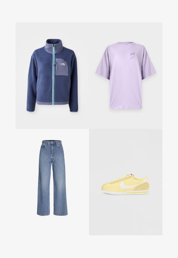 Fleecejakke i mørk marineblå med høj krave, frontlynlås og lyseblå detaljer. Har en brystlomme med logo.; Lilla oversized T-shirt med lille løbende bogfigur på venstre bryst, korte ærmer og rund hals.; Højtaljede lyseblå cowboybukser med vide ben, foran knap- og lynlåslukning samt fem-lomme-design.; Gul Nike Cortez-sneaker med hvid swoosh, beige ruskindsdetaljer, hvidt zigzag-mønster på sålen og gulstribet mellemsål, vist fra siden.