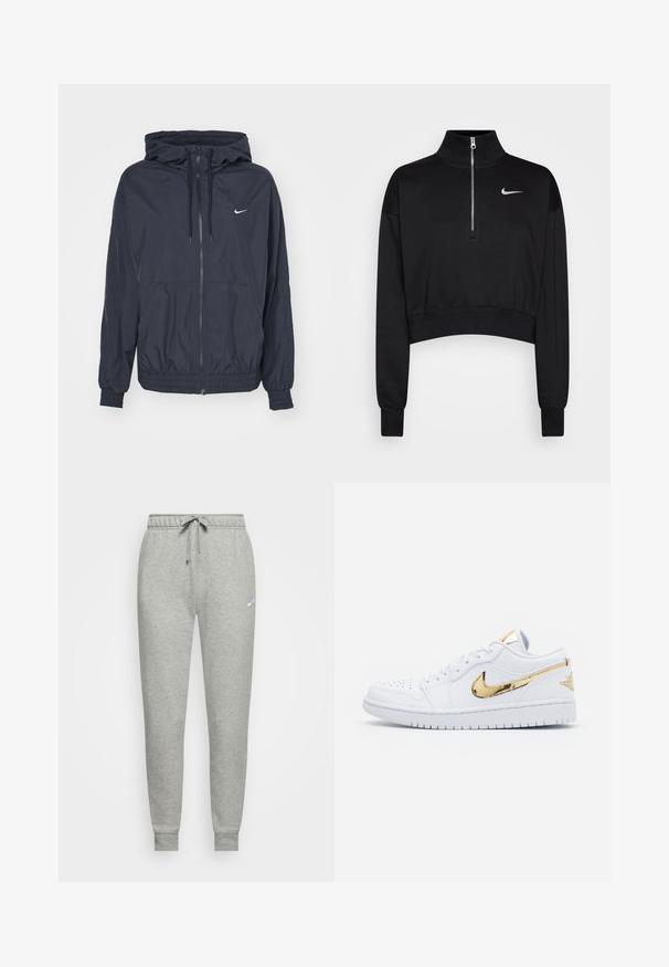 Schwarze Nike Windbreaker-Jacke mit einem Reißverschluss vorne, einer Kordelzugkapuze, elastischen Bündchen und seitlichen Taschen, die ein dezentes Logo auf der Brust zeigt.; Schwarzer, kurzer Sweatshirt mit hohem Kragen, halbem Reißverschluss, gerippten Bündchen und kleinem weißen Nike-Logo auf der linken Brust. Weicher Stoff.; Grau Sweatpants aus weichem Stoff, mit einem elastischen Bund und Kordelzug, gerippten Bündchen und einem kleinen Logo am linken Oberschenkel.; Jordan AIR JORDAN 1 LOW SE - Sneaker low - white/metallic gold