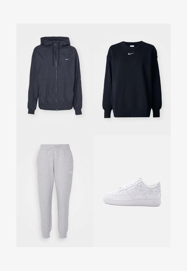 Čierna vetrovka Nike s predným zipsom, kapucňou na sťahovanie, elastickými manžetami a bočnými vreckami, s jemným logom na hrudi.; Čierna mikina vyrobená z bavlnenej zmesi; rebrovaný okrúhly výstrih, dlhé rukávy a elastické manžety; s malým strieborným logom Nike na hrudi.; Svetlosivé tepláky s nastaviteľným pásom, zúženými nohavicami a malým bielym logom na ľavom stehne. Vyrobené z mäkkej, štruktúrovanej tkaniny.; Biely nízky teniska s perforovanou špičkou, logom Nike a dekoratívnymi bielymi kvetinovými prvkami na päte a boku.
