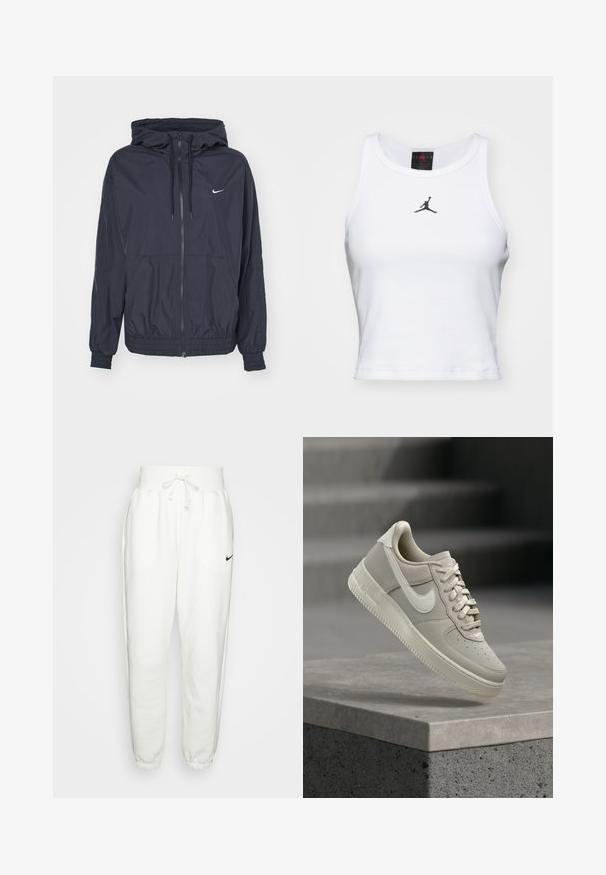 Zwarte Nike windjack met een rits aan de voorkant, een capuchon met trekkoord, elastische manchetten en zijzakken, met een subtiele logo op de borst.; Witte crop tanktop van katoen met een ribbeltextuur. Beschikt over een zwart Jordan-logo in het midden en een klassieke ronde hals.; Witte sweatsbroek van een zachte stof, met een elastische tailleband met koord, zijzakken en een zwart Nike-logo op het linkerdij.; Beige Nike Air Force 1 sneaker zwevend boven een betonnen richel met wazige grijze trappen op de achtergrond.