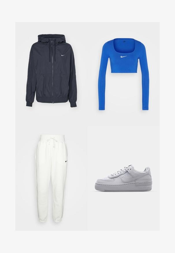 Μαύρο αδιάβροχο μπουφάν Nike με φερμουάρ μπροστά, κουκούλα με κορδόνι, ελαστικές μανσέτες και πλαϊνές τσέπες, με μια διακριτική λογότυπο στο στήθος.; Nike Sportswear W NSW LS CROP TOP SW - Μπλούζα με μακριά μανίκια - game royal/phantom; Λευκά παντελόνια φόρμας φτιαγμένα από μαλακό ύφασμα, με ελαστική μέση και κορδόνι, πλαϊνές τσέπες και μαύρο λογότυπο Nike στο αριστερό μηρό.; Γκρι Nike Air Force 1 αθλητικό παπούτσι με πορώδη μύτη, λεία δερμάτινη επάνω επιφάνεια, χοντρή σόλα και ανάγλυφη λεπτομέρεια 'AIR' στην φτέρνα.