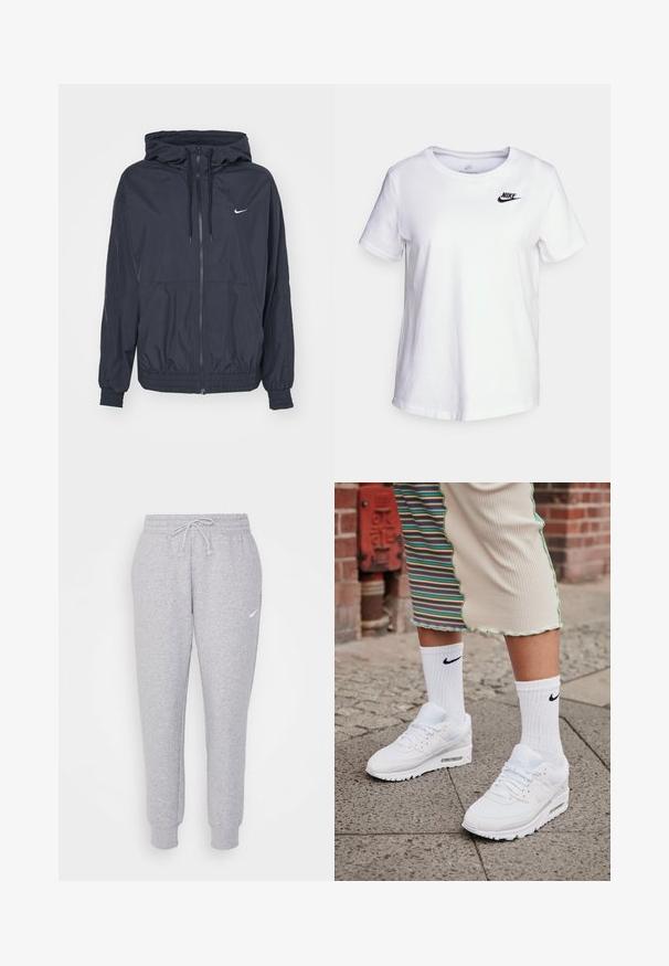 Μαύρο αδιάβροχο μπουφάν Nike με φερμουάρ μπροστά, κουκούλα με κορδόνι, ελαστικές μανσέτες και πλαϊνές τσέπες, με μια διακριτική λογότυπο στο στήθος.; Λευκή βαμβακερή μπλούζα με στρογγυλή λαιμόκοψη και κοντά μανίκια. Διαθέτει μαύρο λογότυπο Nike στην επάνω αριστερή πλευρά του στήθους.; Ανοιχτό γκρι φόρμες με κορδόνι στη μέση, στενές μωβ και με ένα μικρό λευκό λογότυπο στο αριστερό μηρό. Κατασκευασμένες από μαλακό, υφασμάτινο υλικό.; Λευκά Nike Air Max 90 sneakers με επάνω μέρος από διχτυωτό και δερμάτινο υλικό, διαθέτοντας ορατή μονάδα αέρα, καθώς και λευκές ριμπ κάλτσες με μαύρο λογότυπο.