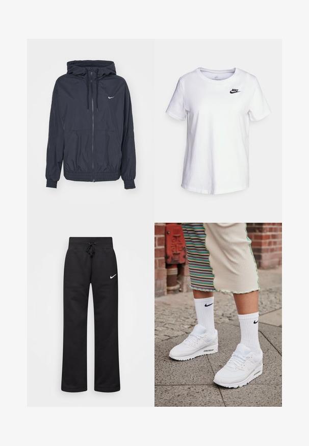 Schwarze Nike Windbreaker-Jacke mit einem Reißverschluss vorne, einer Kordelzugkapuze, elastischen Bündchen und seitlichen Taschen, die ein dezentes Logo auf der Brust zeigt.; Weißes Baumwoll-T-Shirt mit Rundhalsausschnitt und kurzen Ärmeln. Mit einem schwarzen Nike-Logo auf der oberen linken Brustseite.; Schwarze Sweatpants aus einem Baumwollmix, mit einem Kordelzugbund, geraden Beinen und einem weißen Nike-Logo auf der linken Seite.; Weiße Nike Air Max 90 Sneakers mit Obermaterial aus Mesh und Leder, ausgestattet mit einer sichtbaren Air-Einheit, kombiniert mit weißen gerippten Socken mit schwarzem Logo.