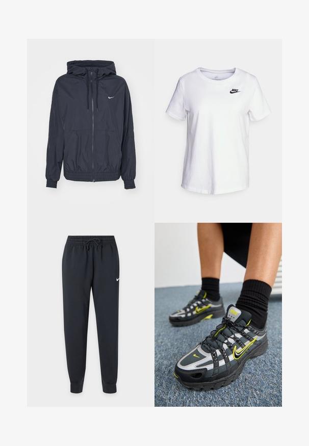 Schwarze Nike Windbreaker-Jacke mit einem Reißverschluss vorne, einer Kordelzugkapuze, elastischen Bündchen und seitlichen Taschen, die ein dezentes Logo auf der Brust zeigt.; Weißes Baumwoll-T-Shirt mit Rundhalsausschnitt und kurzen Ärmeln. Mit einem schwarzen Nike-Logo auf der oberen linken Brustseite.; Schwarze Nike Jogginghose mit elastischem Bund und Kordelzug, schmal zulaufenden Beinen, Bündchen an den Knöcheln und kleinem weißen Nike-Swoosh am rechten Oberschenkel.; Schwarze und graue Sportschuhe mit reflektierenden silbernen Akzenten, strukturierten Mesh-Panels und leuchtend gelben Details. Schnürdesign mit strukturierter Sohle.