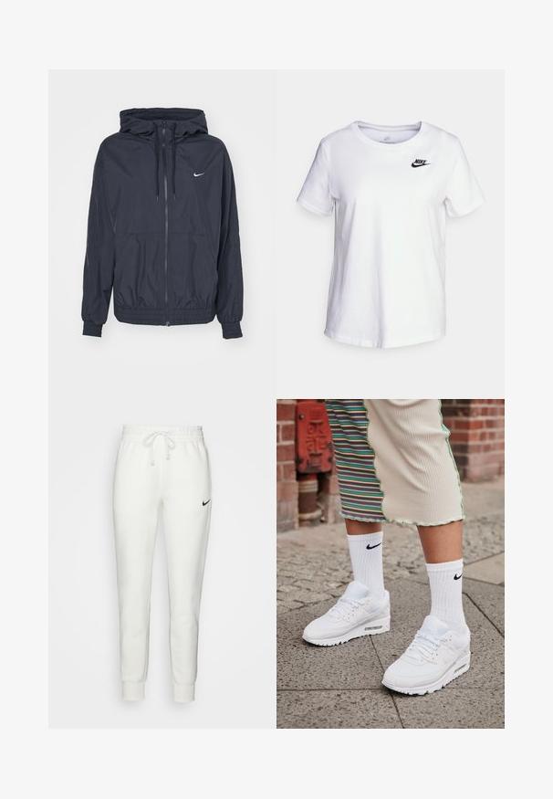 Čierna vetrovka Nike s predným zipsom, kapucňou na sťahovanie, elastickými manžetami a bočnými vreckami, s jemným logom na hrudi.; Biela bavlnená tričko s kulatým výstrihom a krátkymi rukávmi. Má čierne logo Nike na hornej ľavej oblasti hrudníka.; Biele bavlnené teplákové nohavice s elastickým pásom, šnúrkou a čiernym logom Nike na ľavej strane. Úzke manžety na členkoch.; Biele tenisky Nike Air Max 90 s vrchnou časťou z kombinácie sieťovaného a koženého materiálu, s viditeľnou vzduchovou jednotkou, v kombinácii s bielymi rebrovanými ponožkami s čiernym logom.
