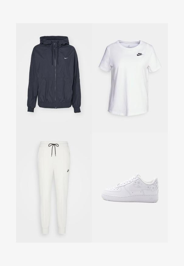 Zwarte Nike windjack met een rits aan de voorkant, een capuchon met trekkoord, elastische manchetten en zijzakken, met een subtiele logo op de borst.; Witte katoenen t-shirt met een ronde halslijn en korte mouwen. Bevat een zwart Nike-logo op de bovenlinker borst.; Witte sweatpants van zacht materiaal, met een elastische tailleband, verstelbaar zwart trekkoord en een klein zwart logo op de dij.; Witte lage sneaker met geperforeerde neus, Nike-logo en decoratieve witte bloemmotieven op de hiel en zijkant.