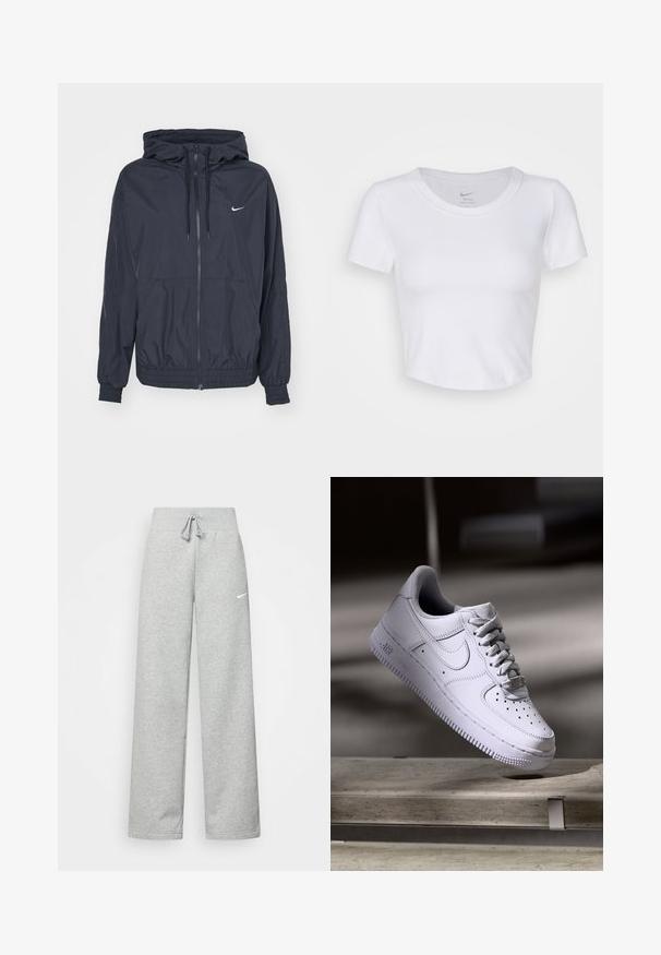 Schwarze Nike Windbreaker-Jacke mit einem Reißverschluss vorne, einer Kordelzugkapuze, elastischen Bündchen und seitlichen Taschen, die ein dezentes Logo auf der Brust zeigt.; Weißes, kurzärmeliges Cropped-Top aus glattem, synthetischem Material. Hat einen runden Halsausschnitt und ein Nike-Logo im Kragen.; Graue Jogginghose mit elastischem Bund, Kordelzug und kleinem weißen Nike-Logo am linken Oberschenkel. Weicher Stoff, locker sitzend.; Weißer Nike Air Force 1 Sneaker schwebt über einer Betonoberfläche mit Schatten in einem minimalistischen Umfeld.