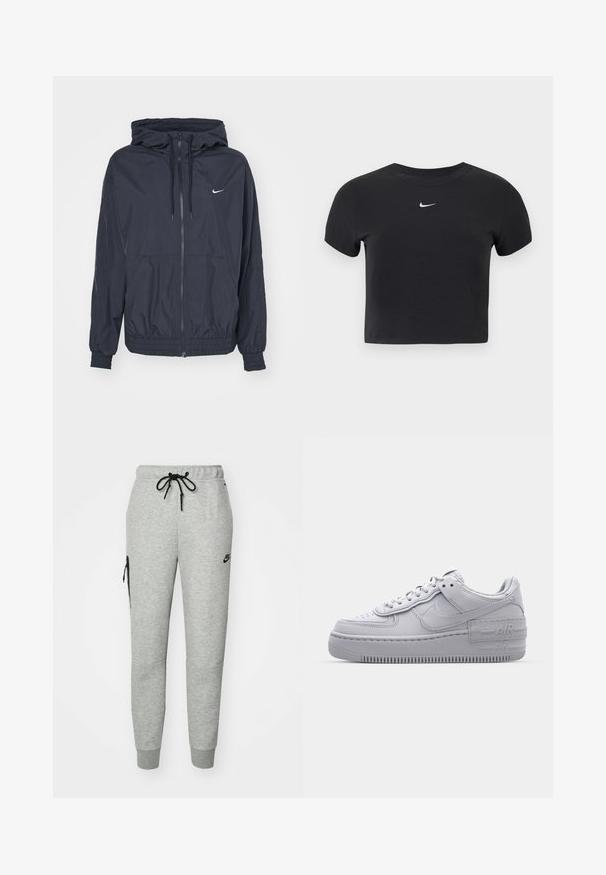 Schwarze Nike Windbreaker-Jacke mit einem Reißverschluss vorne, einer Kordelzugkapuze, elastischen Bündchen und seitlichen Taschen, die ein dezentes Logo auf der Brust zeigt.; Schwarzes, kurz geschnittenes T-Shirt aus Baumwolle mit rundem Ausschnitt und kurzen Ärmeln. Auffälliges weißes Nike-Logo auf der Brust.; Graue Jogginghose aus weichem Material mit einem Zugbandbund, schmal zulaufenden Beinen und einer Reißverschlusstasche auf der linken Seite. Mit schwarzem Logo.; Graue Nike Air Force 1 Sneaker mit perforierter Zehenpartie, Obermaterial aus glattem Leder, dicker Sohle und geprägtem 'AIR'-Detail an der Ferse.