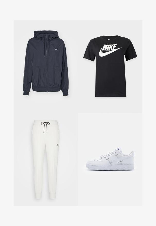 Schwarze Nike Windbreaker-Jacke mit einem Reißverschluss vorne, einer Kordelzugkapuze, elastischen Bündchen und seitlichen Taschen, die ein dezentes Logo auf der Brust zeigt.; Schwarzes T-Shirt mit kurzen Ärmeln und großem weißem Nike-Logo sowie Swoosh über der Brust auf einfarbigem Hintergrund.; Weiße Sweatpants aus weichem Stoff, mit elastischem Taillenbund, verstellbarem schwarzen Kordelzug und kleinem schwarzen Logo am Oberschenkel.; Nike Sportswear AIR FORCE 1 - Sneaker low - white/hyper royal/black