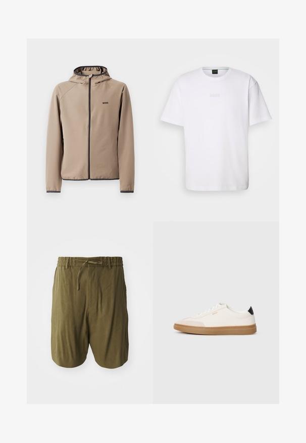 Beige gewatteerde jas met een ritssluiting aan de voorkant, zwarte accenten en een logo op de borst. Gemaakt van een gladde, rekbare stof met een getailleerd ontwerp.; Witte katoenen T-shirt met korte mouwen, ronde halslijn en reliëf 'BOSS' logo op de borst. Veilig textuur, standaard pasvorm.; Olivengroene shorts van lichtgewicht stof, voorzien van een elastische waistband met een trekkoord en zijzakken voor extra gemak.; Witte sneakers met beige accenten, bovenwerk van glad leer, ronde neus en rubberen gumzool, met een zwarte hieltab en subtiele branding.