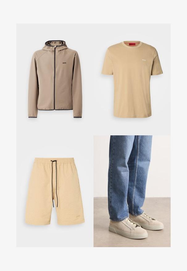 Beige hættejakke med lynlåsfront, sorte detaljer og logo på brystet. Fremstillet af et glat, strækbart stof med en tætsiddende design.; Beige bomulds t-shirt med rund halsudskæring, korte ærmer og et lille hvidt "HUGO" logo på brystet. Glat tekstur uden mønstre.; Beige shorts i et tekstureret stof, med elastisk talje og sort snøre. Har et subtilt logo-aksesorie. Lige snit design.; BOSS GARYTENN_SDHDEL - Sneakers - natural ten