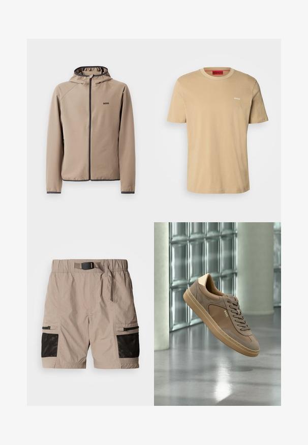 Beige hættejakke med lynlåsfront, sorte detaljer og logo på brystet. Fremstillet af et glat, strækbart stof med en tætsiddende design.; Beige bomulds t-shirt med rund halsudskæring, korte ærmer og et lille hvidt "HUGO" logo på brystet. Glat tekstur uden mønstre.; Beige cargo shorts i en tekstureret stof, med mesh-paneler i sort, elastisk talje og sidelommer med lynlåse.; Beige casual sneaker med snørebånd og "BOSS"-logo, som svæver over en poleret betongulv med glasblokvæg i baggrunden.