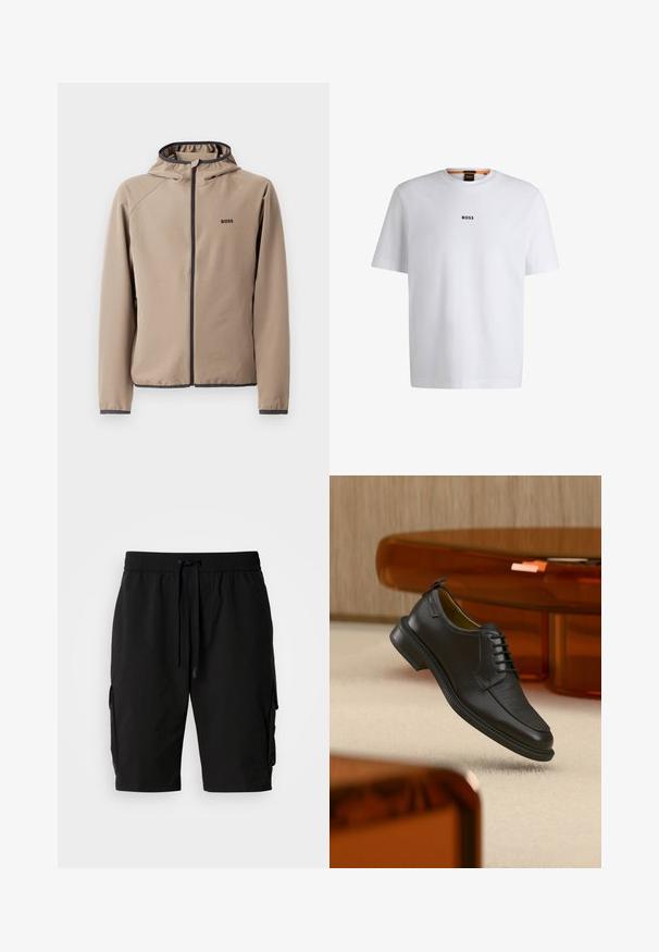 Beige hættejakke med lynlåsfront, sorte detaljer og logo på brystet. Fremstillet af et glat, strækbart stof med en tætsiddende design.; Hvid bomuld T-shirt med korte ærmer, med et sort "BOSS" logo centreret på brystet og en rund halsudskæring.; Sorte cargo shorts lavet af letvægtsstof, med elastisk talje, snor og sidelommer til ekstra opbevaring.; Sort lædersko med snørebånd og tekstureret front, svævende over beige tæppe i et moderne rum med møbler i ravfarvet toning.